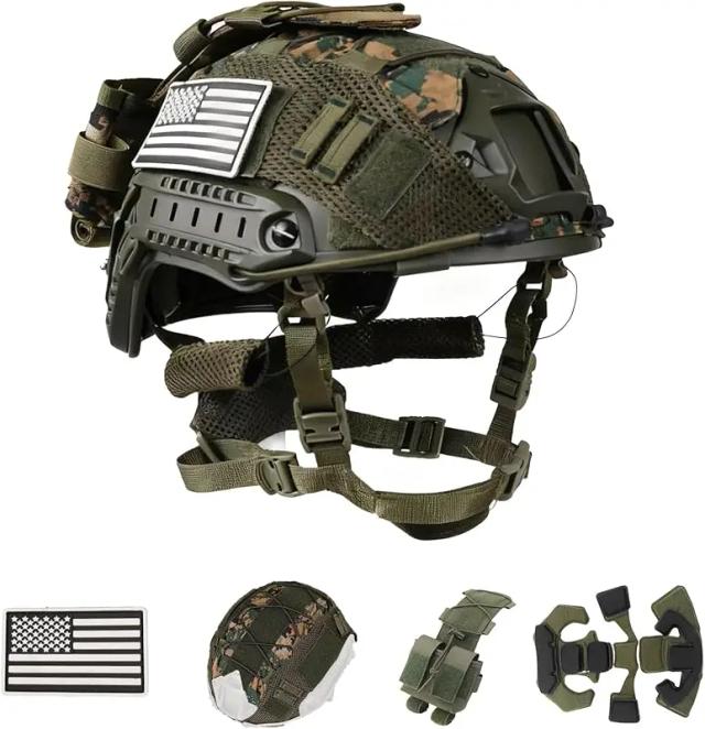 Capacete de proteção tático rápido, capacete tático ajustável com bolsa de bateria e capa para airsoft, cosplay, equipamento militar