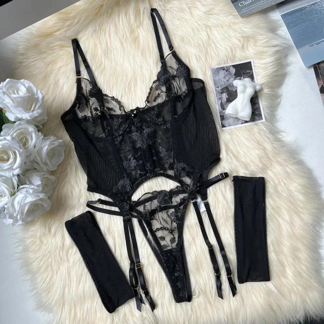 Conjunto Lingerie Corset Renda Floral Cinta-Liga Transparente 3 Peças
