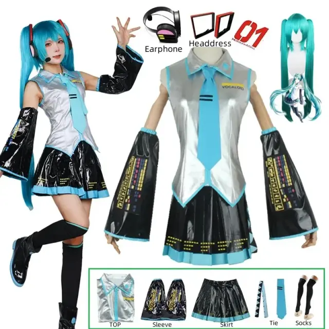 Conjunto Completo de Cosplay em Tecido de Couro Prateado, Fantasia com Acessórios, Vestido de Marinheiro JK, Uniforme de Escola Secundária