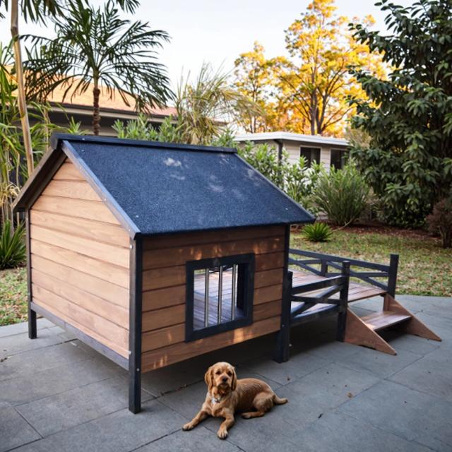 Casa de Cão de Madeira Ecológica Clássica - Canil Externo Impermeável com Piso Elevado