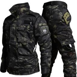 Conjuntos de caça resistentes ao desgaste dos homens camo primavera outono multi-bolso ternos de treinamento masculino treinamento ao ar livre conjunto de carga de pesca - Image 1