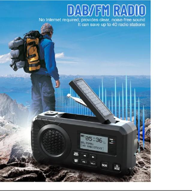 Rádio de Emergência DAB376BT DAB+ FM BT Solar com Manivela e Bateria 5000mAh