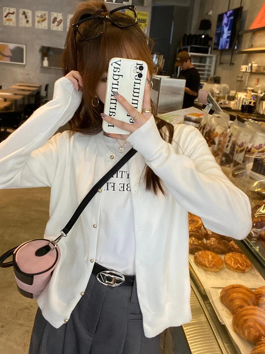 Cor sólida de malha para mulheres cardigan coreano único breasted manga longa jumper mulher em torno do pescoço todos os jogos cardigans outwear - Image 1