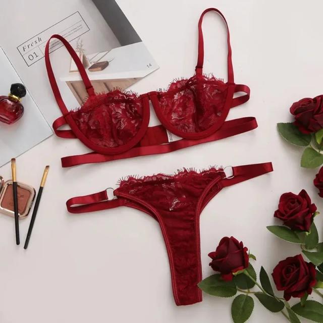 Conjunto de Lingerie de Renda Transparente com Bordado Delicado para Mulheres