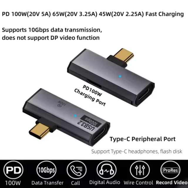 Adaptador OTG Tipo C 2 em 1 USB C Macho para USB-C Fêmea Divisor USB 3.2 Carregamento Rápido PD 100W