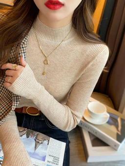 Outono inverno mock neck camisola feminina vintage básico sólido malha coreano topos casual fino pulôver suéteres simples chique jumpers - Image 1