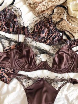 Francês ultra fino conjunto de lingerie feminina sexy cetim renda emenda conforto sutiãs leopardo impressão tentação sutiã e tanga conjuntos roupa interior - Image 3
