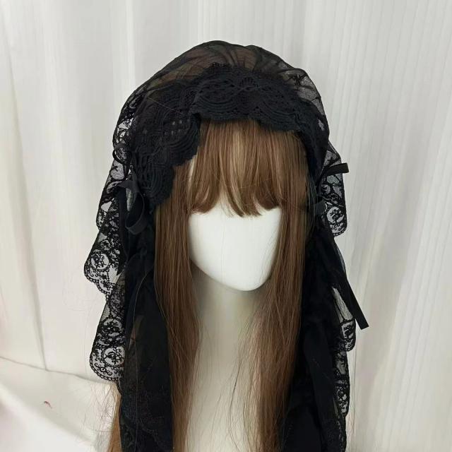 Tiara de Renda Gótica Harajuku Lolita Preta e Branca com Véu Feminino Cosplay Halloween