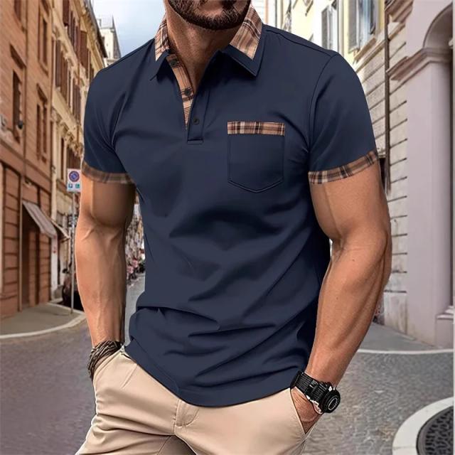 Camisa Polo Masculina Elegante Slim Fit Xadrez Manga Curta