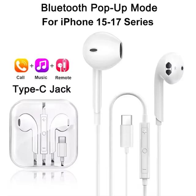 Apple Fones de Ouvido com Fio Tipo C para iPhone 11 13 14 15 16 17 Pro Max iPad Laptops Tablet 3.5mm Fones de Ouvido Estéreo