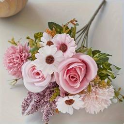 7-bifurcado artificial rosa hortênsia portátil filé de flor rosa flor seca flor de seda margarida decoração de casamento buquê de flores - Image 2
