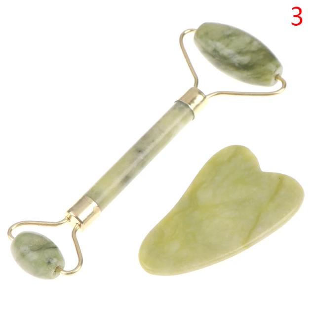 Rolo de Jade Natural Massagem Facial Gua Sha Placa Massageador Corporal 2 Peças