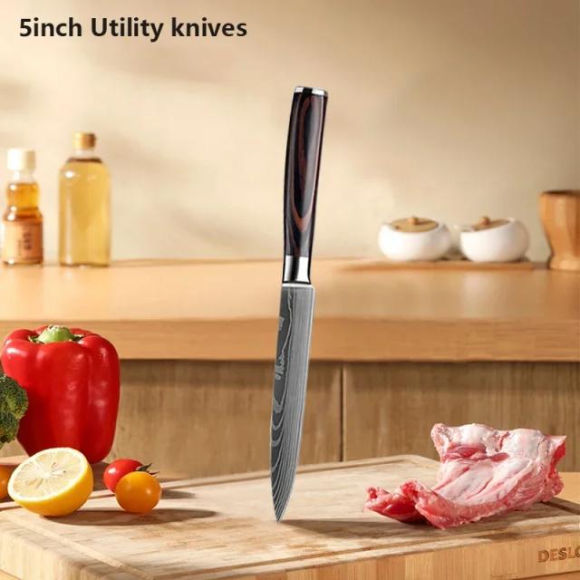 Faca de Chef Damasco Profissional 7 Peças Santoku Cutelo Utilitária com Capa