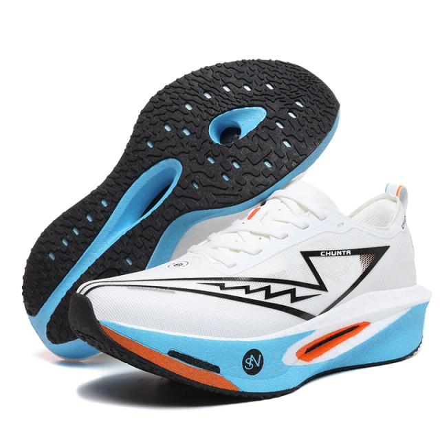 Tênis de Corrida Masculino com Placa de Carbono e Malha Respirável, Tênis Esportivo Feminino Chunta com Amortecimento e Antiderrapante para Maratona