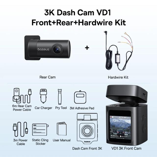 Baseus Dash Cam VD1 3K Frontal + 1080P Traseira com GPS e Supercapacitor