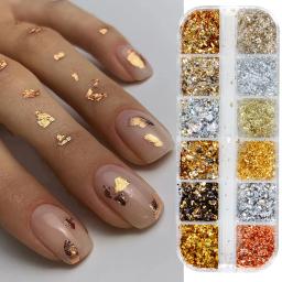 12 cores folhas de ouro lindas unhas glitter flocos de alumínio aleatórios paillette chip design de unhas brilhantes brilhantes decoração de arte de unhas - Image 3