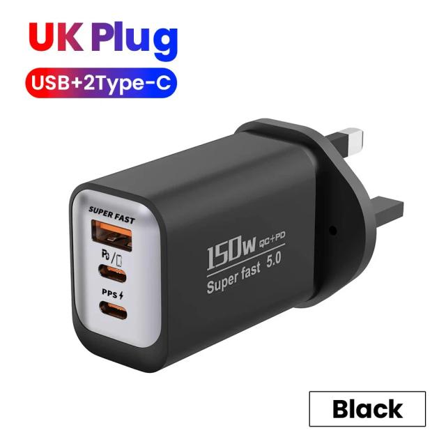 Carregador USB Tipo C 150W QC3.0 Carregamento Rápido Adaptador de Viagem para iPhone Samsung Xiaomi