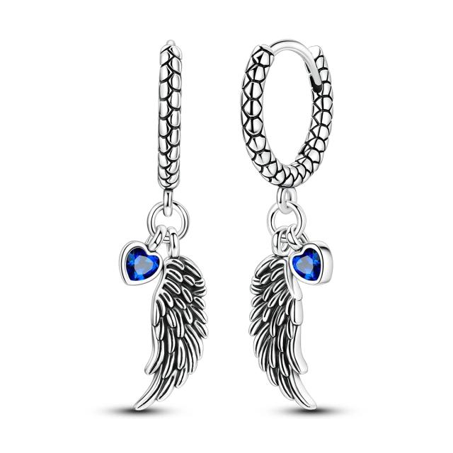 Brincos de Argola Prata Esterlina 925 Asas de Anjo e Coração Texturizados Zircônia Azul Vintage