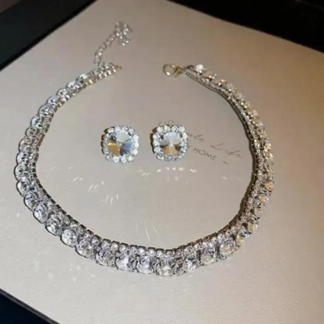 FYUAN Jewelry Conjunto de Brincos e Colar de Cristal Rosa Luxo para Casamentos e Festas
