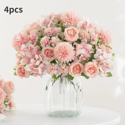 Buquê de flores artificiais realista, 1/4 peças, buquê reutilizável de peônia falsa, crisântemos, hortênsias com haste, decoração de quarto de casa - Image 4