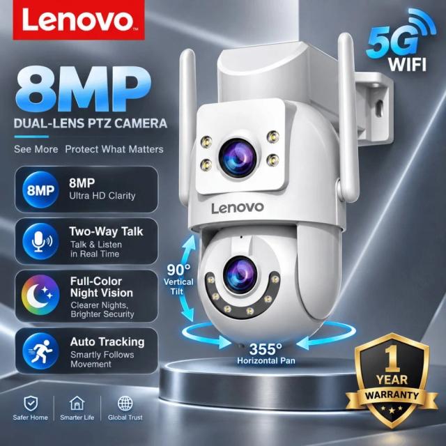 Lenovo Câmera de Segurança Externa 8MP Lente Dupla Tela Dupla Rastreamento PTZ Visão Noturna Colorida