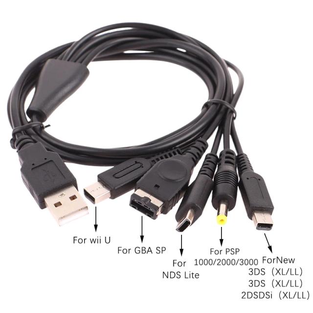 Cabo Carregador 5 em 1 USB 1.2m para Nintendo 3DS, DSi, GBA SP, Wii U, PSP