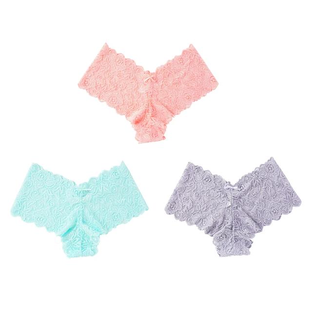 3 Peças Calcinha Renda Floral Sexy Confortável Cintura Baixa Lingerie Feminina
