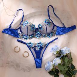 Conjunto de Lingerie Azul Sexy, com Padrões Florais, Combinando Charme e Sensualidade ZA825146 - Image 2