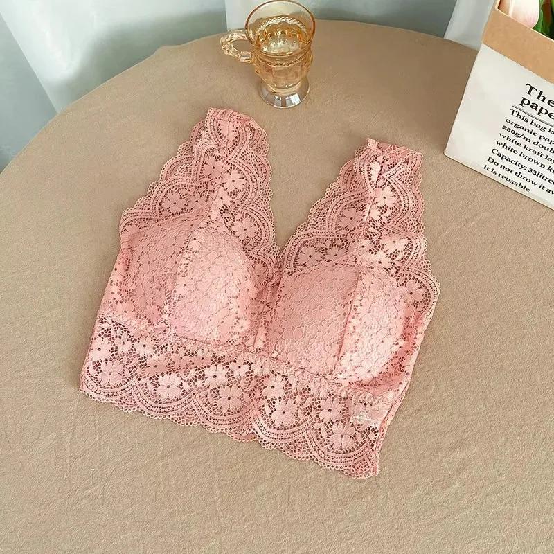Sutiãs de renda superior feminino decote em v profundo lingerie sexy fio livre sutiã regatas roupa interior feminina v volta bralette acolchoado camisola - Image 1