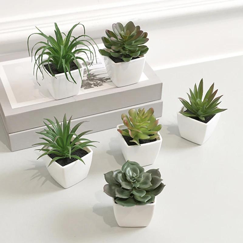 6 peças (conjunto) mini planta verde suculenta artificial bacia branca de plástico, peitoril da janela de casa, decoração de estante de mesa de restaurante - Image 1