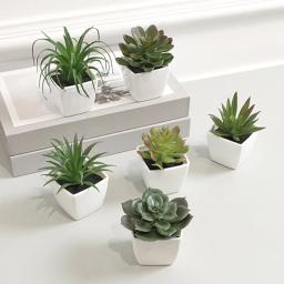 6 peças (conjunto) mini planta verde suculenta artificial bacia branca de plástico, peitoril da janela de casa, decoração de estante de mesa de restaurante - Image 6