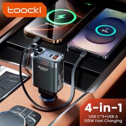 Toocki 4 em 1 carregador de carro retrátil 105w carregador de telefone móvel tipo c cabo para iphone 16 15 cabo de carga rápida adaptador de cigarro - Image 1