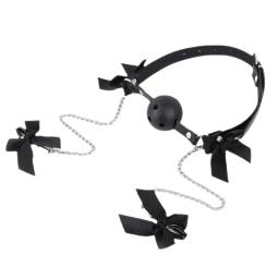 Coleira de Couro com Gag de Bola, Restrição de Amarração, Pinça de Mamilo, Clipe de Seio com Corrente, Brinquedos Adultos para Casais, Jogo para Mulheres e Casais - Image 3