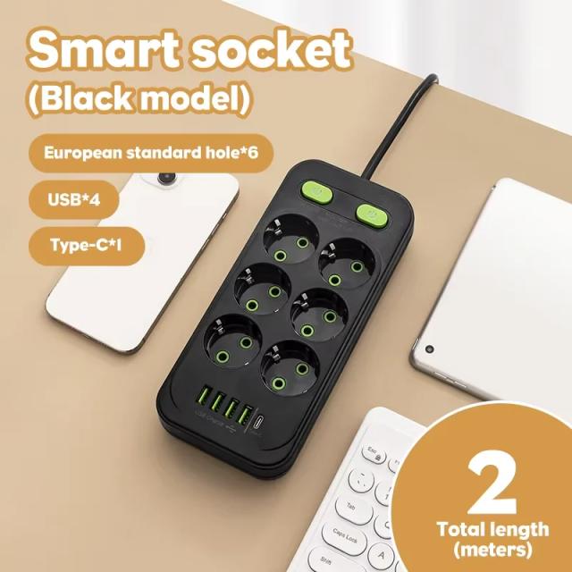 Extensão Multitomada com 6 Tomadas, 4 USB e 1 Type-C, Cabo de 2m