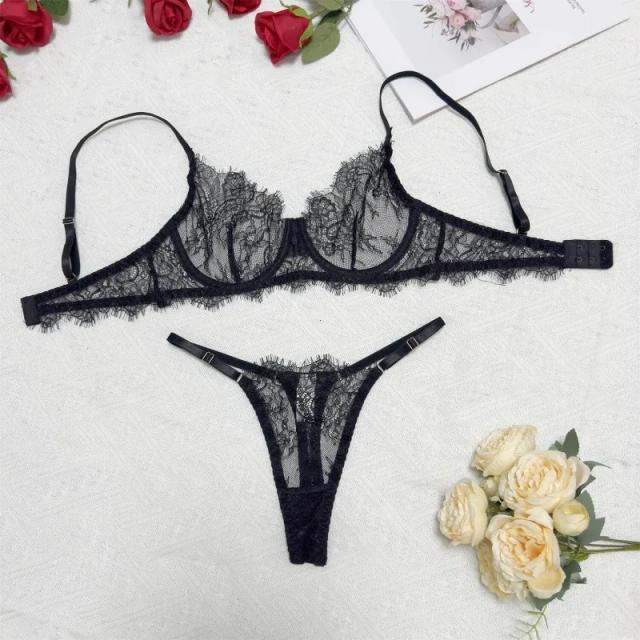 Conjunto Lingerie Renda Cílios Sexy Sutiã e Calcinha Transparente