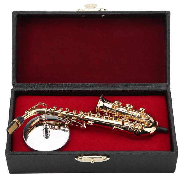 Modelo de saxofone alto miniatura com Stand e Case, instrumento banhado a ouro, ornamentos