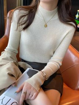 Outono inverno mock neck camisola feminina vintage básico sólido malha coreano topos casual fino pulôver suéteres simples chique jumpers - Image 2