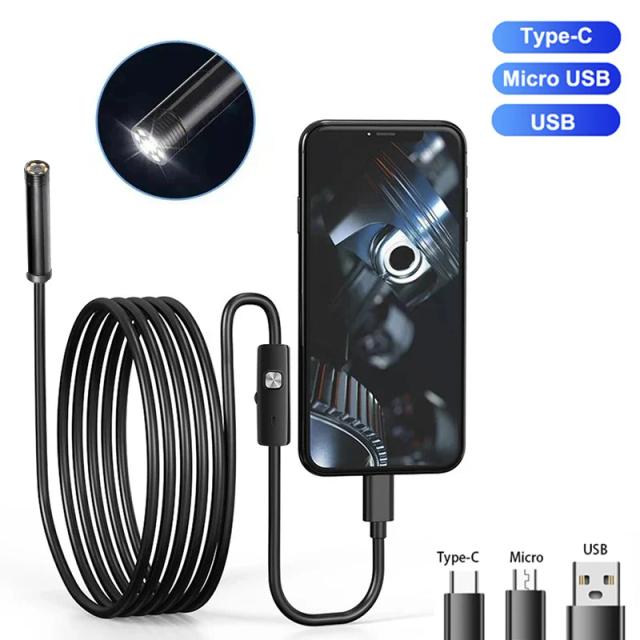 Câmera Endoscópica Android 5.5mm 3 em 1 Micro USB Tipo C Mini Câmera à Prova D'água LED Inspeção Automotiva
