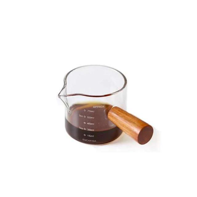 Copo de Medição de Vidro com Alça de Madeira 1pc Transparente para Café Expresso e Leite