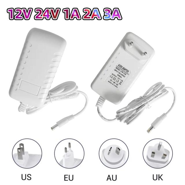 Fonte de alimentação de 12 volts, adaptador de 24 volts, transformador 110v 220v ac para dc 12v 24v cctv, luz led, adaptador de alimentação 2a 3a ue eua reino unido au plug
