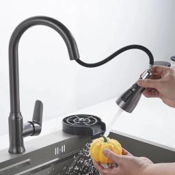 Torneira da cozinha único furo pull out bico pia da cozinha misturadora fluxo pulverizador cabeça cromo/preto misturadora - Image 2