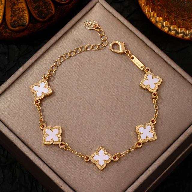 Pulseira Trevo de Quatro Folhas e Flor de Cinco Folhas com Strass Luxo Vintage para Mulheres e Meninas