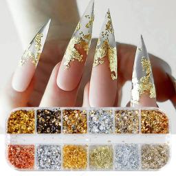 12 cores folhas de ouro lindas unhas glitter flocos de alumínio aleatórios paillette chip design de unhas brilhantes brilhantes decoração de arte de unhas - Image 1