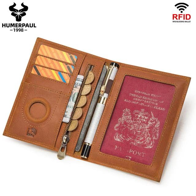 Humerpaul Carteira de Passaporte com Airtag e RFID para Viagens Essenciais em Couro de Cavalo Louco - Porta Cartão e Caneta