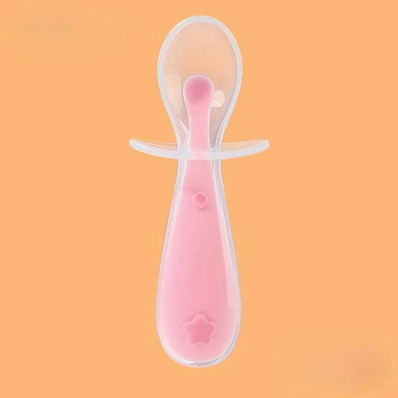 Colher de silicone para bebês, alimentação de pasta de arroz para bebês, colher de sopa de cabeça macia, colher de treinamento, colher curta de silicone com escudo infantil - Image 1