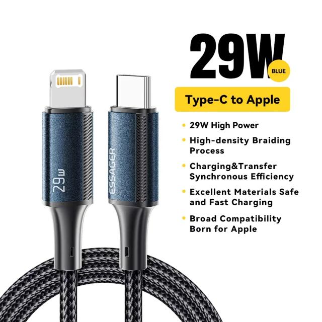 Essager Cabo USB C para iPhone 14 13 12 Pro Max Carregamento Rápido 29W Tipo C Lightning 1 Metro