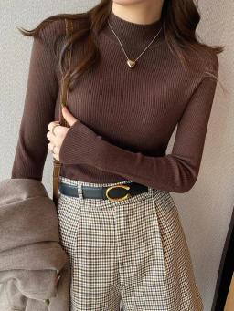 Outono inverno mock neck camisola feminina vintage básico sólido malha coreano topos casual fino pulôver suéteres simples chique jumpers - Image 3