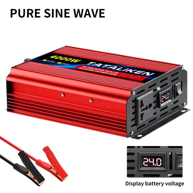 Inversor de Onda Senoidal Pura 1000W-4000W DC 12V/24V para AC 220V Carregador Inversor de Energia Tomada Universal