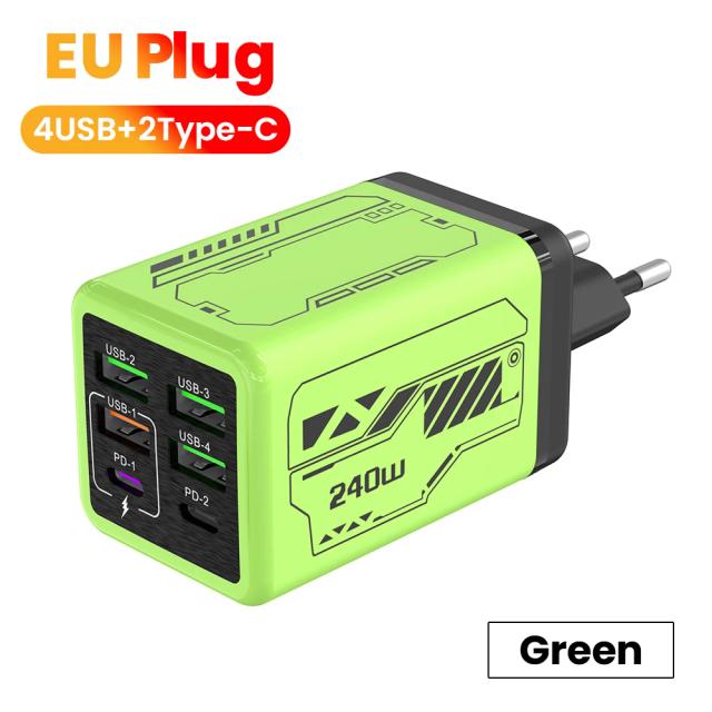 Carregador de Celular 240W 6 Portas USB-C PD 3.0 Super Rápido para iPhone Samsung