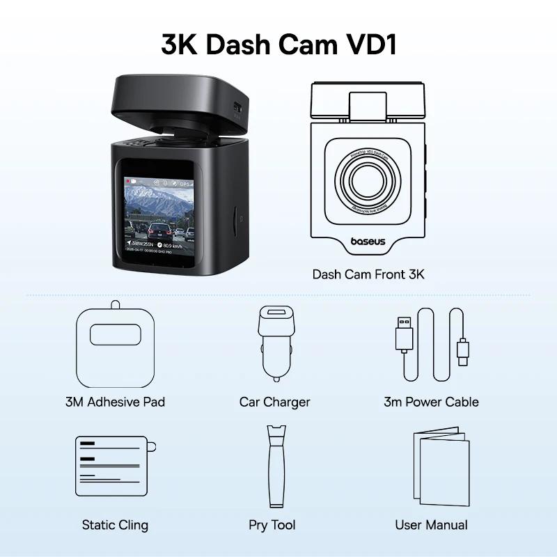 Baseus 3k traço cam vd1 frente e traseira cam hd embutido gps galileo supercapacitor carro dvr câmera gravador suporte 24h estacionamento - Image 1